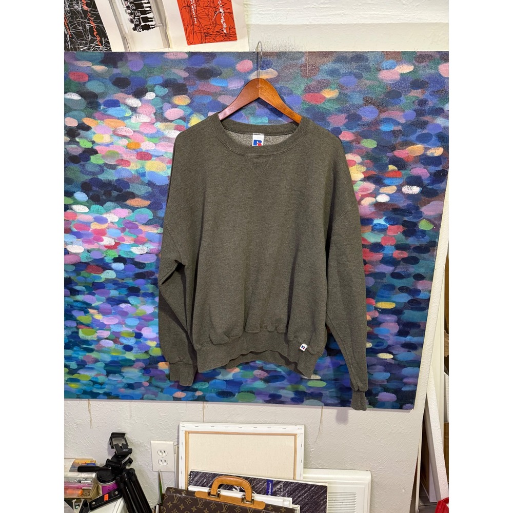 Russell Athletic Mens XL Olive Green Crewneck Sweatshirt Fleece Pullover Classic